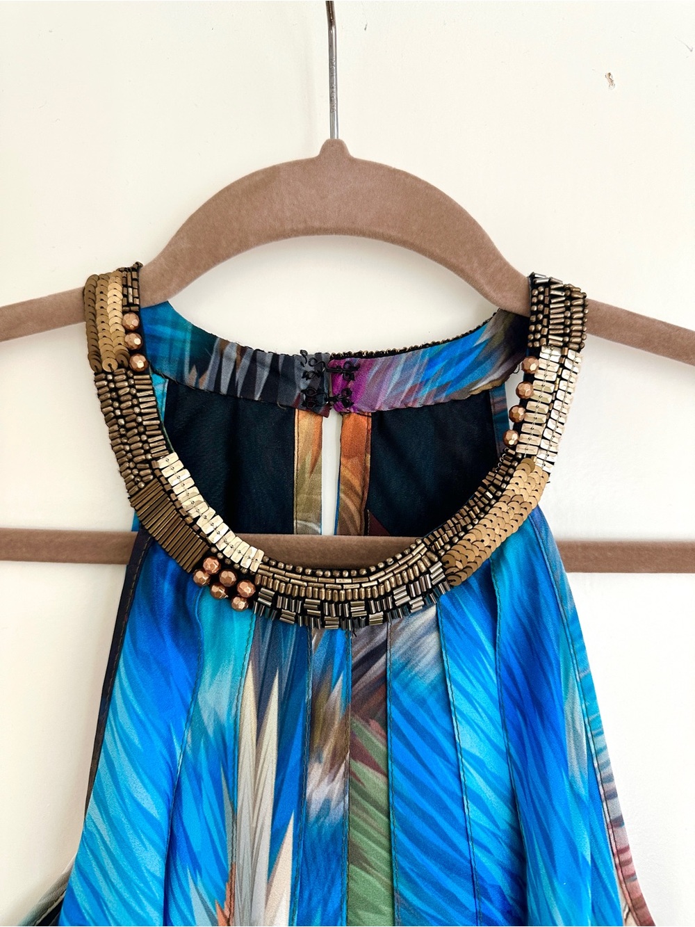 Blue Multicolor Abstract Beaded Halter Maxi Dress - Anthropologie - Picture 3 of 11